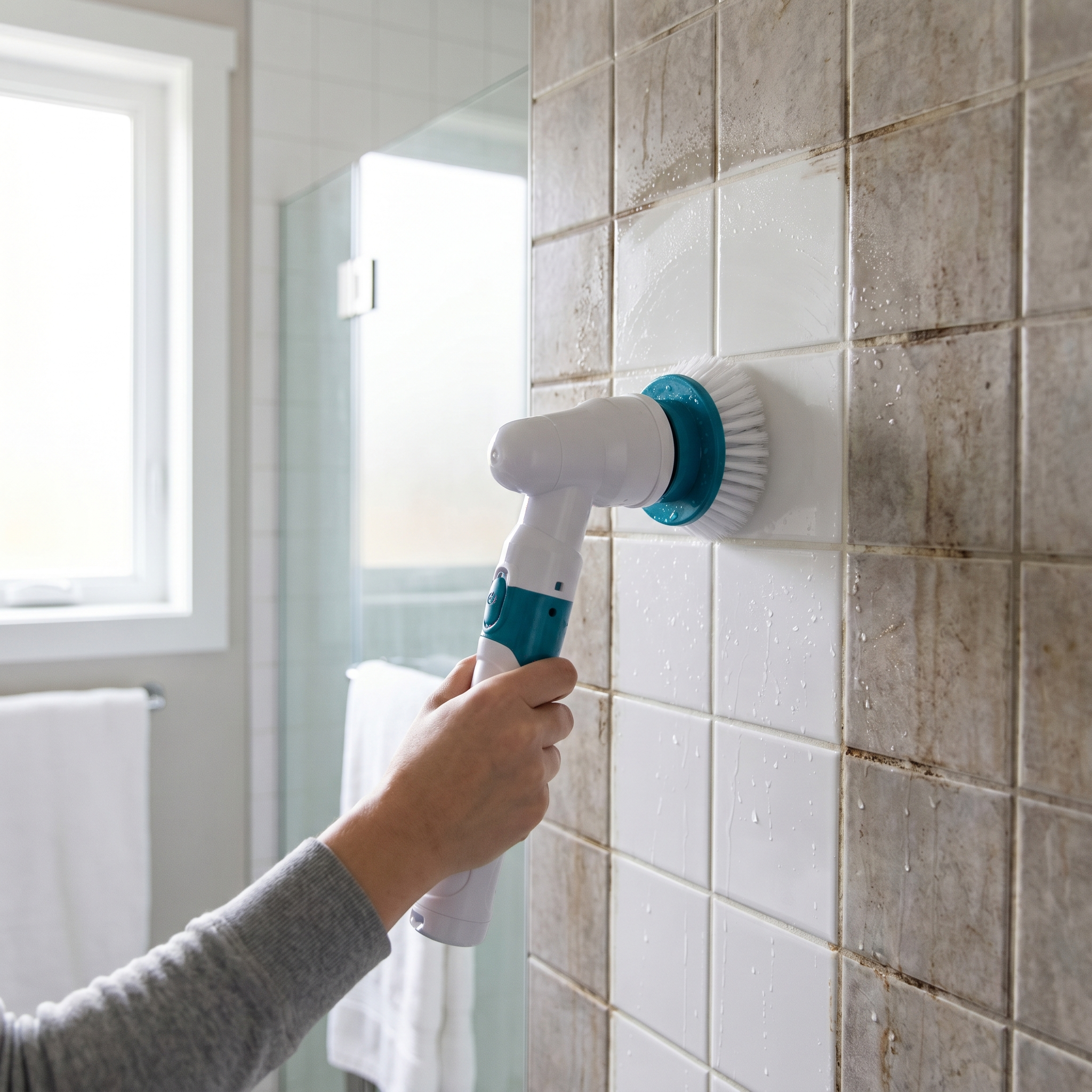 Scrubly cleaning grimy shower tile, before and after