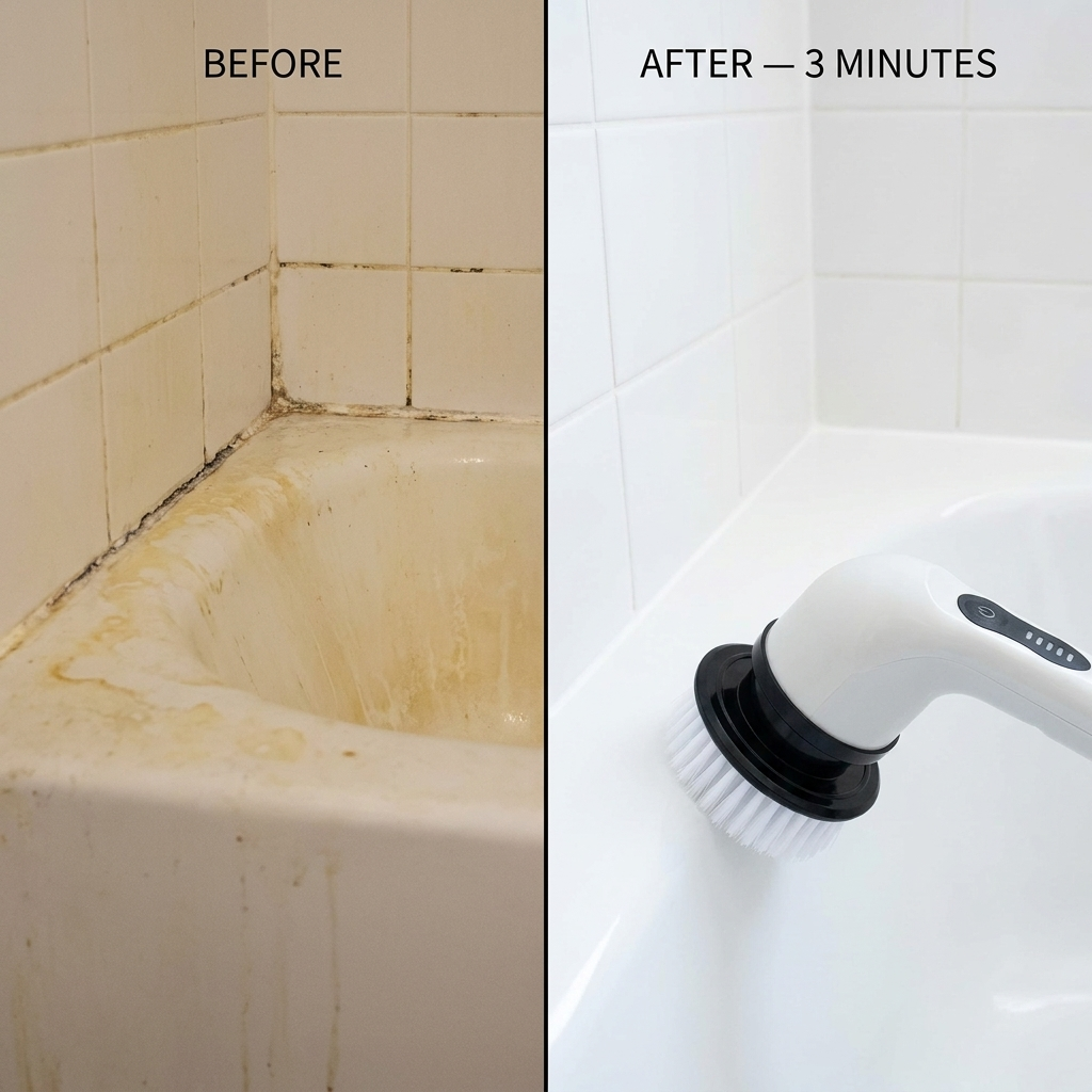 Before and after: bathtub corner transformed in 3 minutes with Scrubly