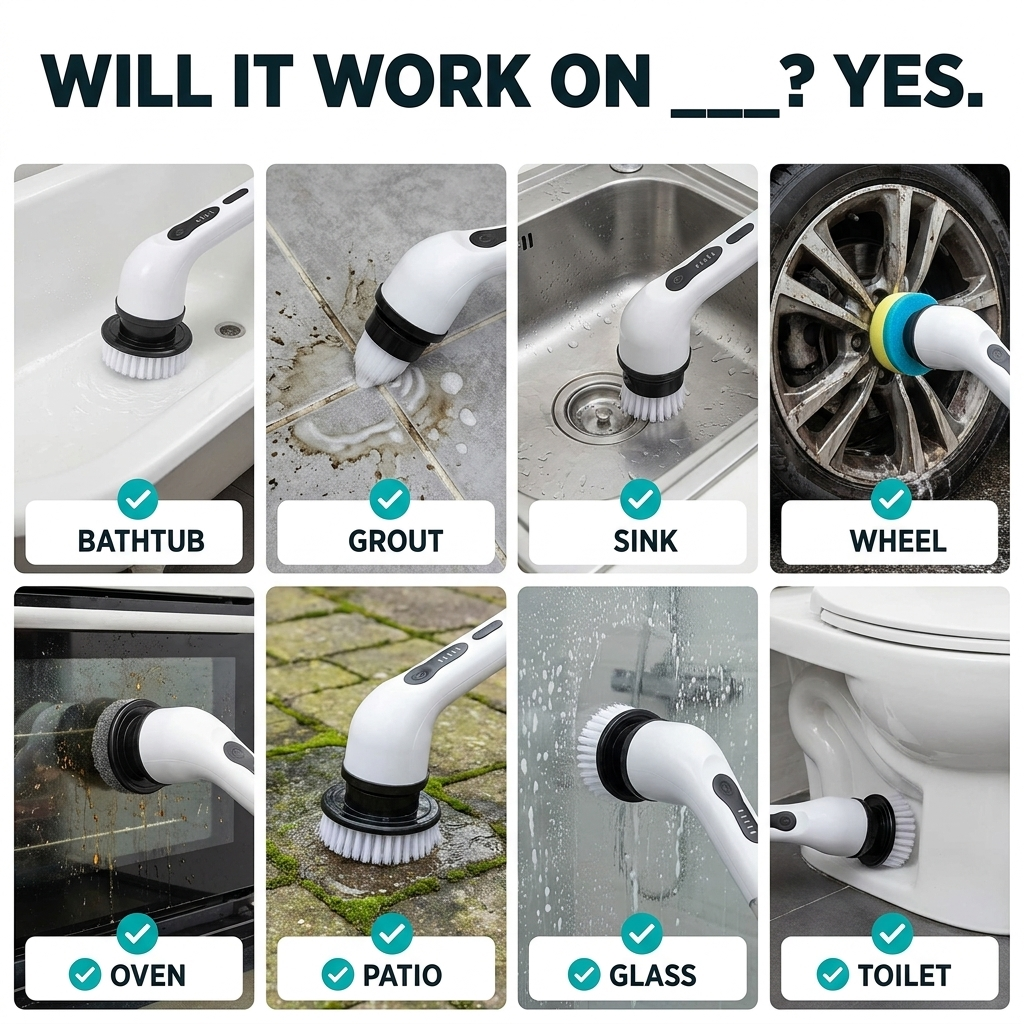 Will it work on tubs, grout, sinks, wheels, ovens, patios, glass? Yes.