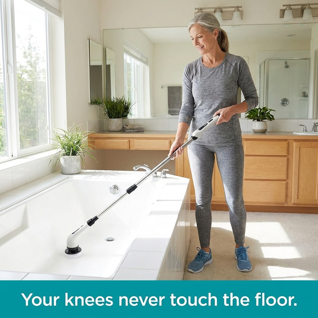 Standing upright cleaning the tub with the extended pole — your knees never touch the floor